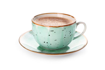 Cup of tasty aromatic coffee on white background