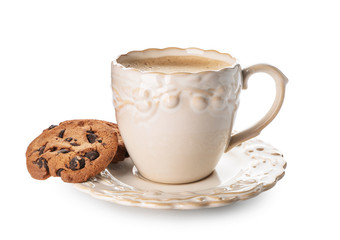 Cup of tasty aromatic coffee and cookies on white background