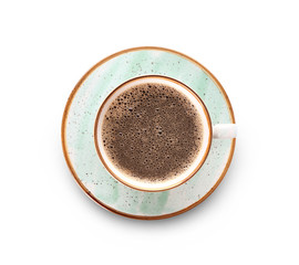 Cup of tasty aromatic coffee on white background