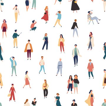 Seamless pattern with people in fashionable outfits walking, standing, posing for photo, talking. Backdrop with stylish men and women. Colorful vector illustration in flat style for textile print.