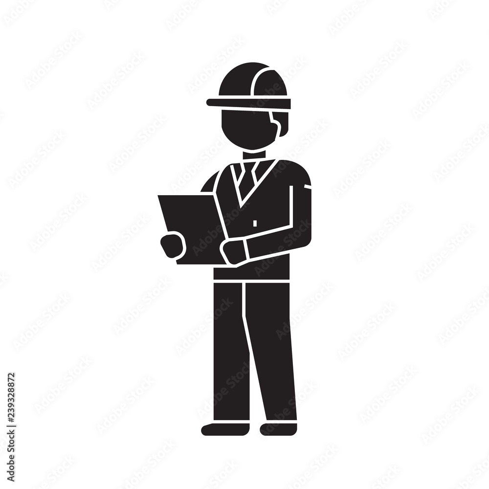 Poster architect working with blueprints black vector concept icon. architect working with blueprints flat 