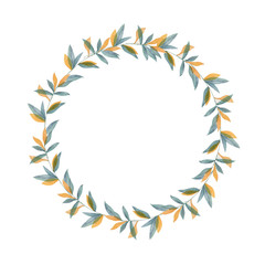 Watercolor yellow and green leaves wreath. Hand drawn illustration. clip art branch for celebration, widding, invite card white background