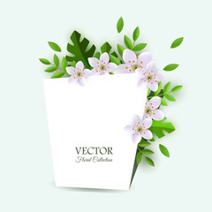 Vector spring collection poster with white blank paper white flowers with leaves pattern. Beautiful abstract blooming floral for romantic decoration wedding marriage or dating card vintage design