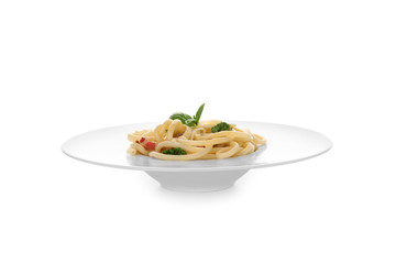Plate with delicious pasta carbonara on white background
