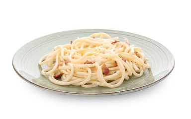 Plate with delicious pasta carbonara on white background