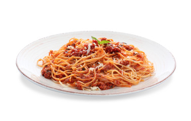 Plate with delicious pasta bolognese on white background