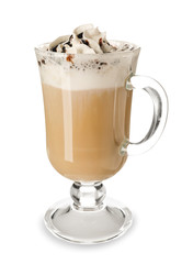 Glass cup of tasty aromatic latte on white background