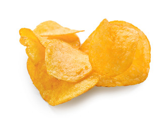 Tasty crispy potato chips on white background