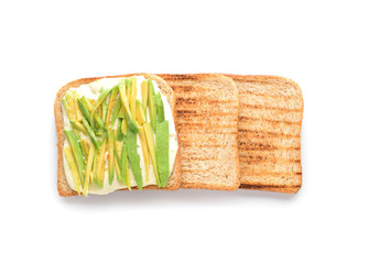 Tasty toasted bread with avocado on white background