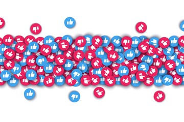 Vector social network background with like thumbs up red blue icons line pattern for live stream video chat. Web buttons for internet marketing campaign template, posters