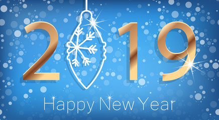 Happy New Year 2019 Poster with Golden Greeting Text and White Snowflakes. Vector Illustration.