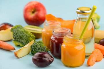 Jars of puree and fruits