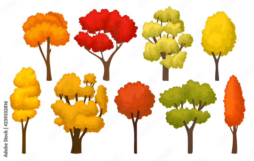 Poster flat vector set of autumn trees with bright leaves. forest plants for mobile game. nature theme