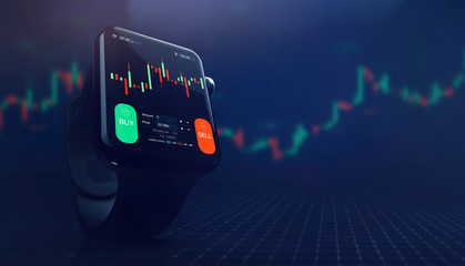 Modern stock exchange scene with smart watch, chart and BUY and SELL options (3D illustration)