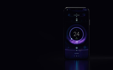 Modern phone with smart home app on screen tracking indoor temperature and AC controls (3D illustration)