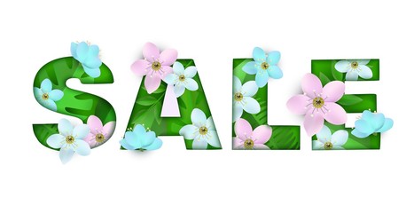 Vector sale inscription with green leaves, meadow abstract blue pink flowers on white background. Store, shop advertising, poster template or discounts campaign floral element