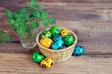 Easter still life. color eggs and clover. spring natural background. soft focus, blur background