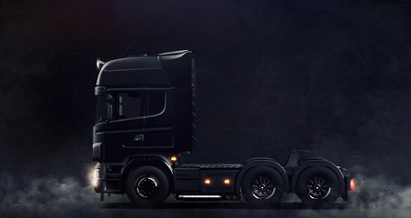 Modern black semi truck on dark background with smoke (3D illustration)