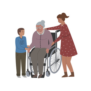 Grandmother sits in wheelchair and her grandchildren take care about her. Isolated on white background. Vector illustration