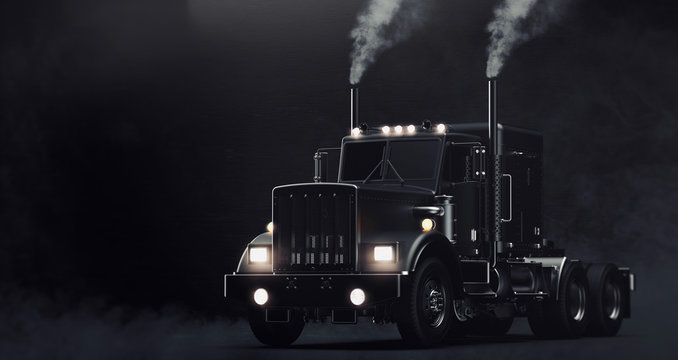 Classic black semi truck on dark background with smoke (3D illustration)