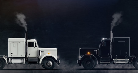 Two classic semi trucks facing each other side view on dark background with some (3D illustration) 