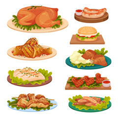 Collection of tasty poultry dishes, fried chicken meat, sausages, burger served on plates vector Illustration on a white background