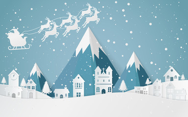 Santa flying in a sleigh with reindeer. The flat vector winter scene design of mountains