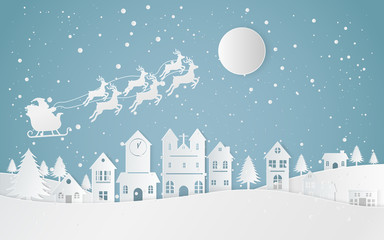 Santa flying in a sleigh with reindeer. The flat vector winter scene design of mountains