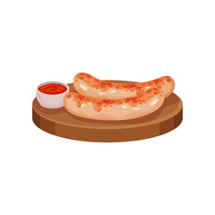 Grilled chicken sausages served on a wooden board with sauce, tasty poultry dish vector Illustration on a white background