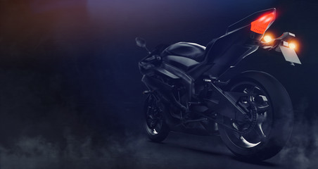 Black modern sports motorcycle rear detail on dark background with smoke (3D illustration)