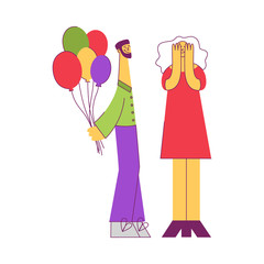 Vector stylized man giving colored balloons as surprise present to woman hiding face with her hands at birthday party, anniversary celebration Young male, female characters celebrating
