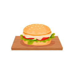 Hamburger with cheese, lettuce, chicken meat patty and bun with sesame seeds served on a wooden board vector Illustration on a white background