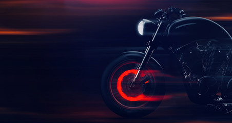 Black classic motorcycle in fast motion with hot brake system on dark background with smoke (3D illustration)