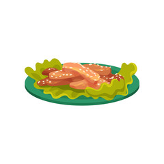 Slices of fried chicken with sesame seeds served with lettuce leaves on a plate, tasty poultry dish vector Illustration on a white background