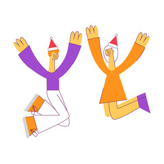 Vector stylized flat man and woman jumping dancing in party hat at birthday anniversary christmas party. Cheerful male, female characters having fun.