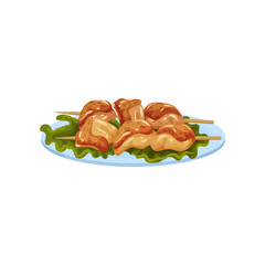 Chicken kebab on wooden skewer served with lettuce leaves on a plate, tasty poultry dish vector Illustration on a white background
