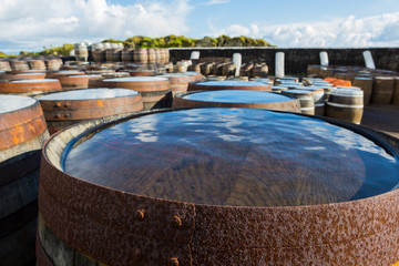 Old wooden barrels and casks with single malt Scotch at whisky distillery in Scotland