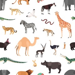 Seamless pattern with exotic animals on white background. Backdrop with wild fauna of African savannah and desert. Colorful vector illustration in flat cartoon style for wrapping paper, wallpaper.