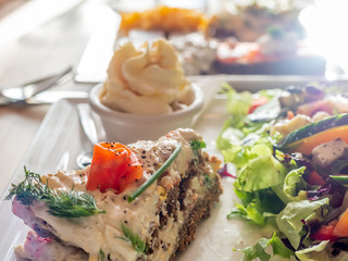 Recipe of food on white dish in restaurant
