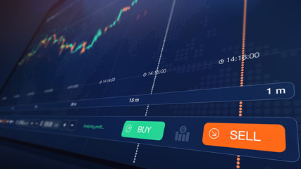 Modern stock exchange scene with chart, numbers and BUY and SELL options (3D illustration)