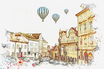 illustration or watercolor sketch. Traditional old architecture in Prague in the Czech Republic. European architecture. Hot air balloons are flying in the sky.