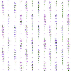 Seamless pattern with hand-drawn watercolor lavender flowers and white background