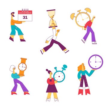 Vector illustration set of people with different types of watches and calendar in flat style - male and female characters with symbols of time management or countdown isolated on white background.