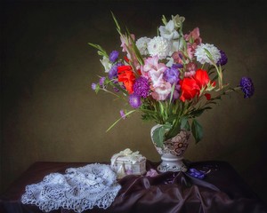 Still life with bouquet of mixed flowers