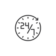 Service 24 7 outline icon. linear style sign for mobile concept and web design. Technical support 24 hours a day and 7 days a week simple line vector icon. Symbol, logo illustration. Pixel perfect