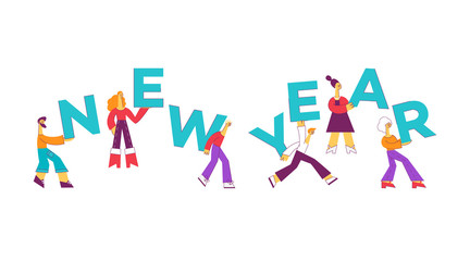 Vector funny cartoon people with new year letters. Male, female character with smile in casual clothing holding in hands, pulling, carry huge letters. Greeting card, corporate party design