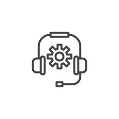 Support service call outline icon. linear style sign for mobile concept and web design. Headset with gear simple line vector icon. Symbol, logo illustration. Pixel perfect vector graphics