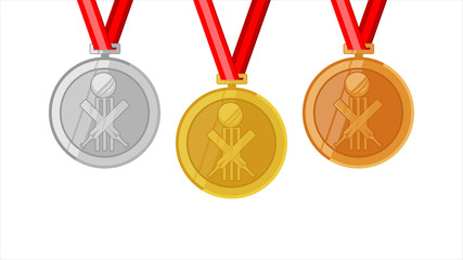 cricket complete shinny medals set gold siver and bronze in flat style