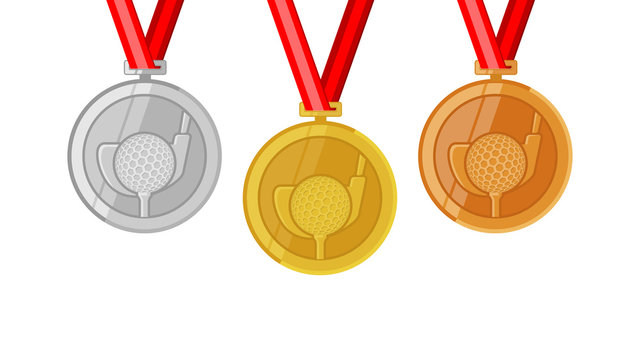 golf complete shinny medals set gold siver and bronze in flat style