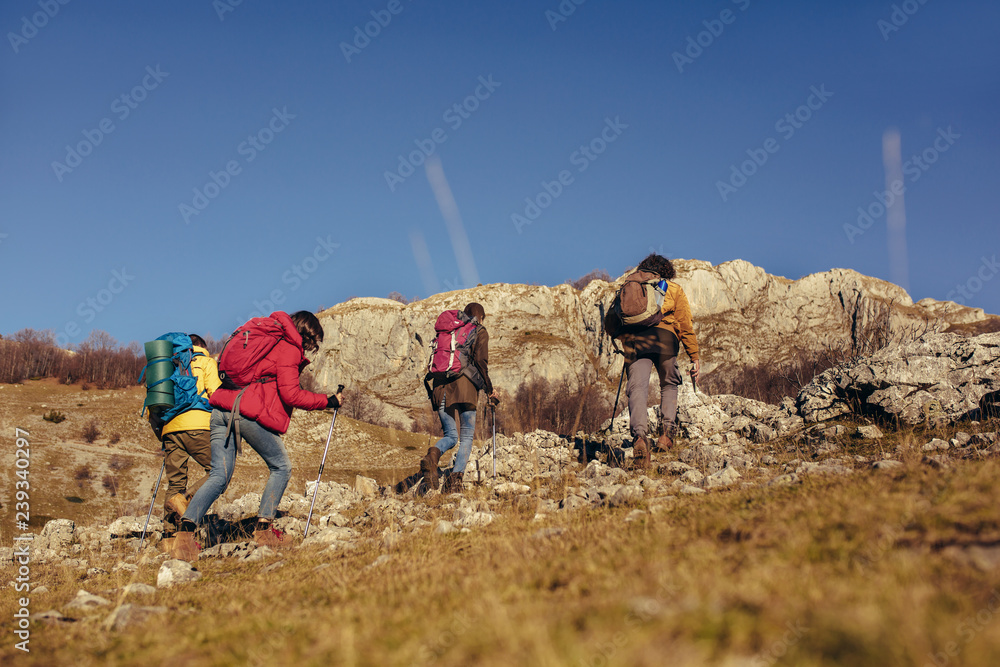 Wall mural Group of hikers walking on a mountain at autumn day